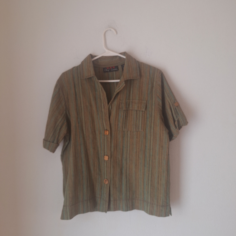 Cubavera Olive and Tan Striped Button-Up Top